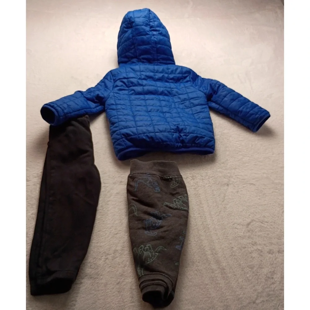 Cat & Jack Toddler Boys 3T Blue Puffer Jacket Dinosaur Sweatshirt Black Pants